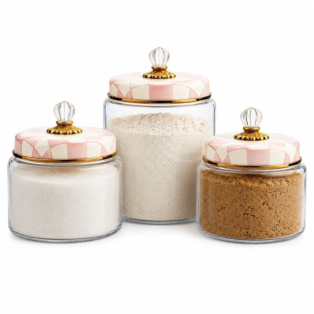 Mackenzie Childs Rosy Check Pink and White 3pc Glass Kitchen Canister set New